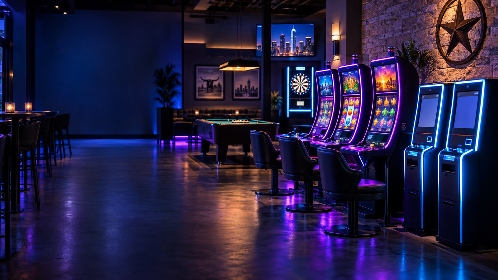 Professionally installed gaming and entertainment equipment in a Texas venue